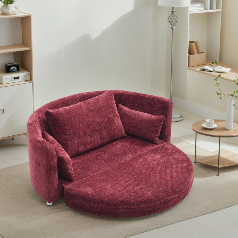 55" W Oversize Foldable Convertible Accent Barrel Chair, Burgundy Polyester