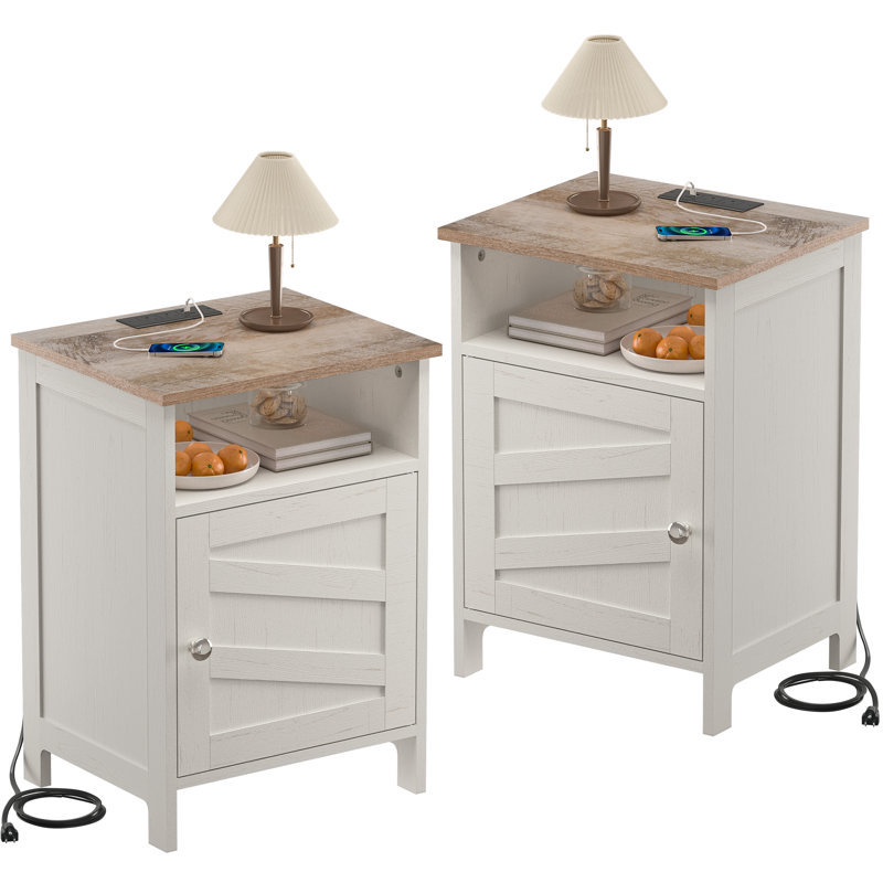 Farmhouse Nightstand set of 2, Bedside Table with Charging Station and Enclosed Cabinet, Set of 2, White