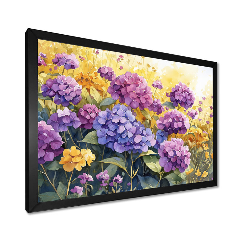 Hortensia d'été jadari en fleurs dans la prairie II - hydrangées, art mural, H 30 po x l 40 po, Noir, noir, noir, noir