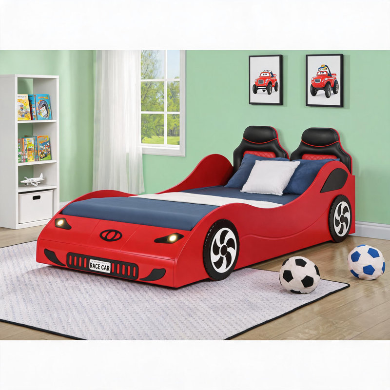 Lit plateforme pour chambre d'enfant de style automobile double rembourré rouge avec éclairage DEL