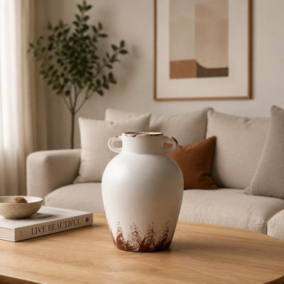 White Ceramic Vase with 2 Handles, Rustic Farmhouse Vase for Flower Christmas Pine Branches Table Shelf Decor Boho Decorative for Living Room Bedroom Kitchen Centerpiece Decorations, 8 inch