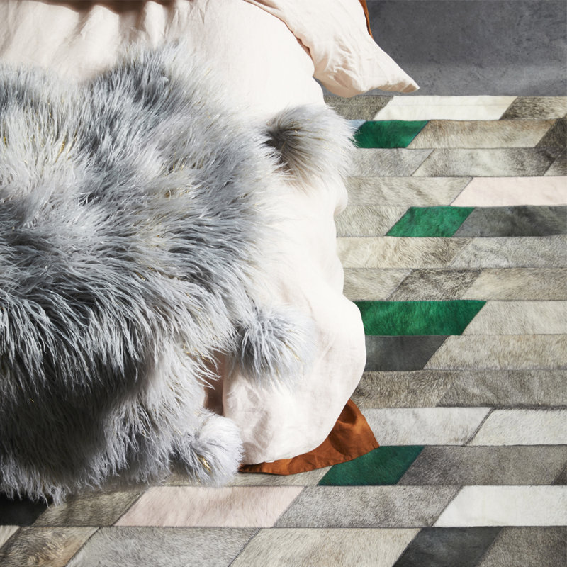 Astila Cowhide Geometric Area Rug in Green, Runner 2'7" x 16'4"