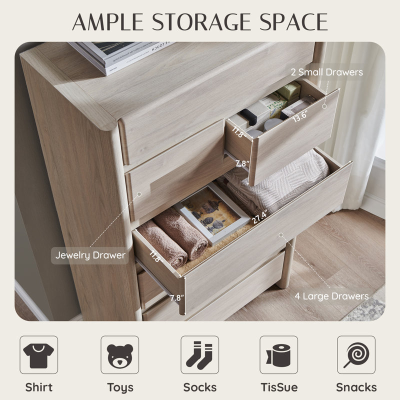 Bolanos Modern 7 Drawers Dresser for Bedroom, 55" Tall Dresser w/Large Storage, Wood Handleless Organizer Dresser w/Rounded Corner