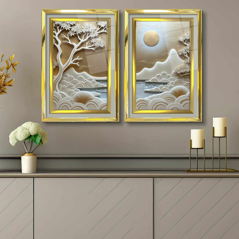 Élégantes peintures décoratives encadrées (ensemble de 2), 16,9 x 25,6 pouces | 100% verre acrylique (épaisseur: 0,04 po) et cadre 100% bois massif (épaisseur: 1,0 po) | Parfait pour la décoration de salon et de chambre à coucher, design élégant et intemporel