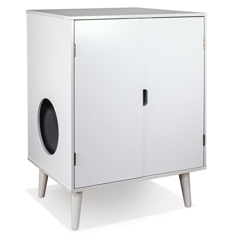 White Modern Cat Litter Hide-Away Cabinet with Circular Opening