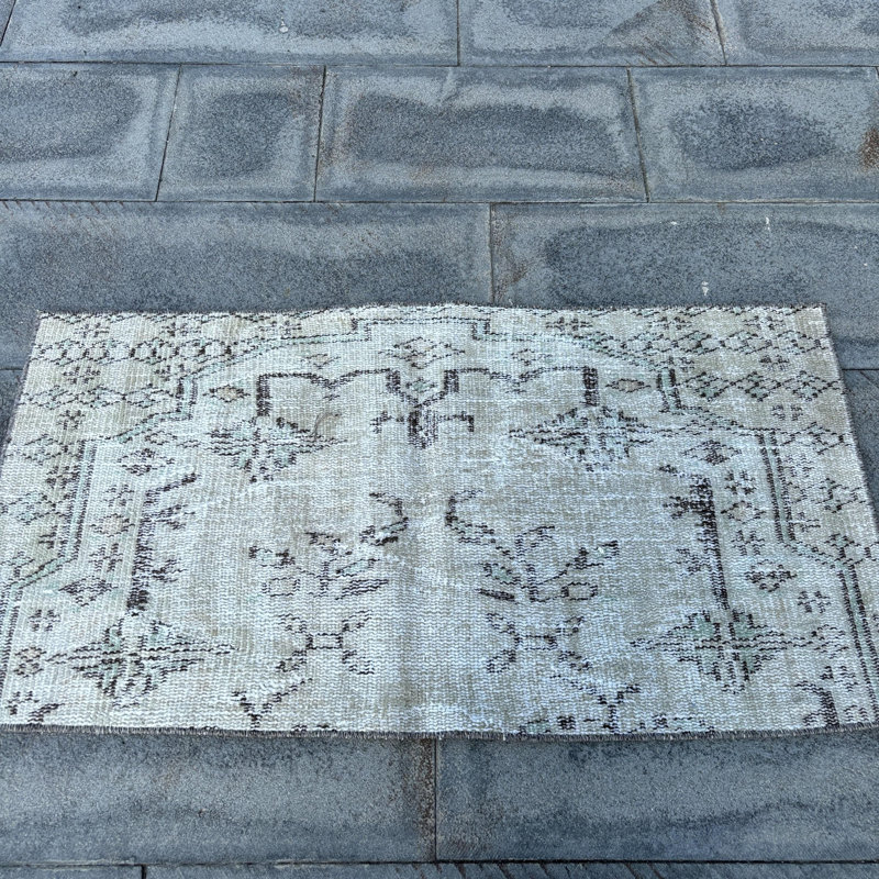 Vintage Beige Turkish Rug: Small and Antique with Rustic Distressed Design for Doorway Decor