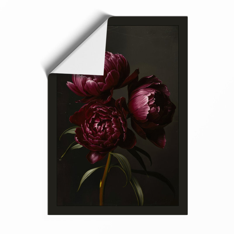 Burgundy Peonies Botanical - Framed Print, A4 - 29.7 x 21.0 cm, Walnut