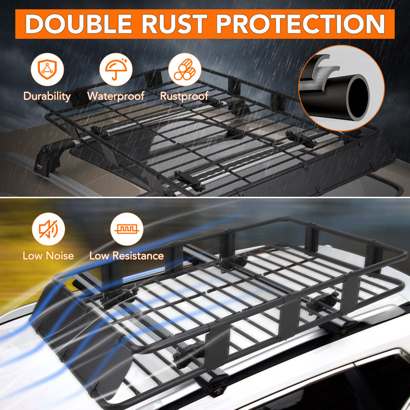 163x99cm Roof Rack Cargo Basket, 90kg Capacity Heavy Duty Steel Carrier with Waterproof Bag, Net & Straps, Universa, Adjustable Width l for SUV Truck Car