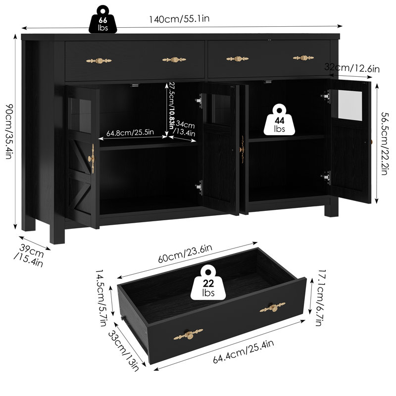 55.1" Nostrand 4 Door Accent Cabinet, Black