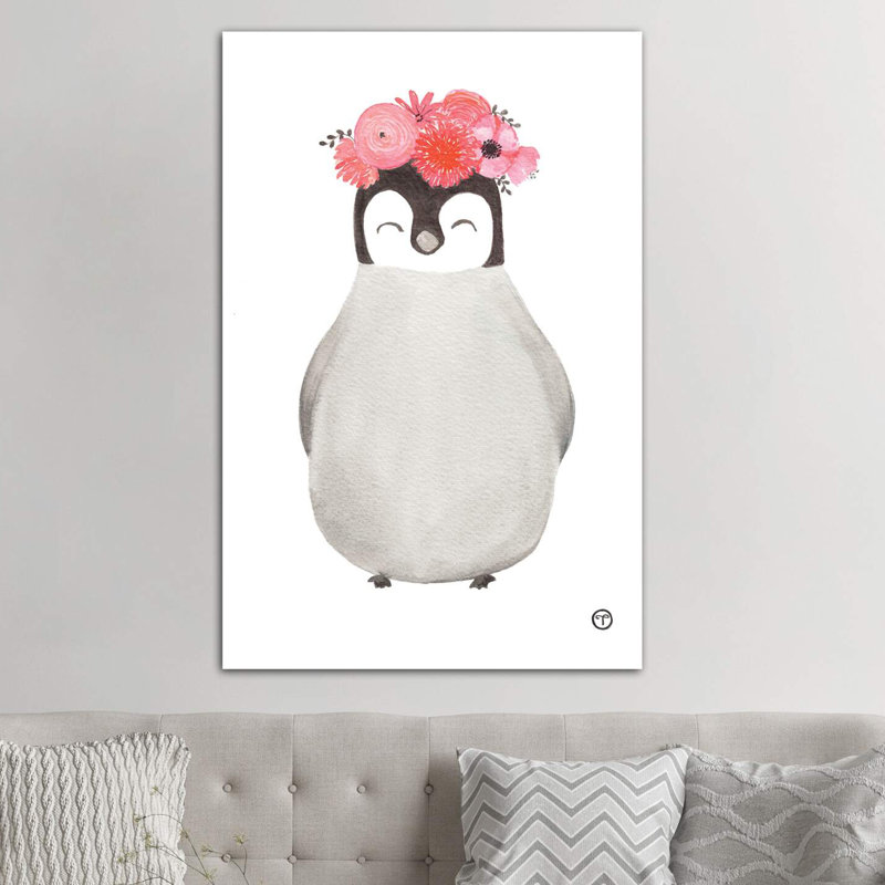 Art pingouin, H 60 po x l 40po x P 1,5 po, Toile avec cadre noir patiné