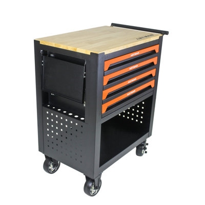 Chariot à outils multifonctionnel à 4 tiroirs avec roulettes et plateau en bois orange
