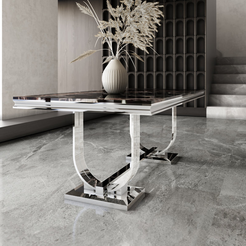 B&s Lighting Inc Marble Dining Table, Dining Room Table With 80" Marble, Large Kitchen Dinner Table, Silver