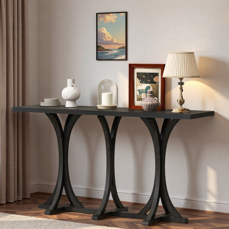 Console en bois avec plateau en placage de chêne et pieds courbés, Noir
