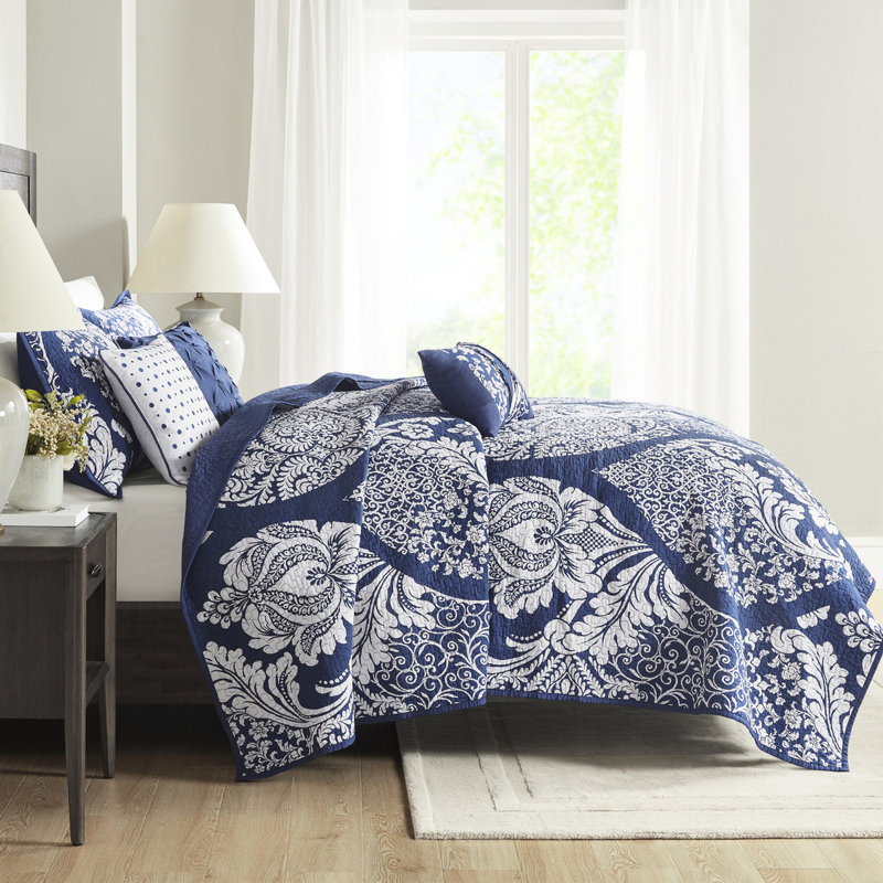 Literie pour très grand lit / très grand lit Indigo avec 6 pièces de coussins décoratifs réversibles, Indigo