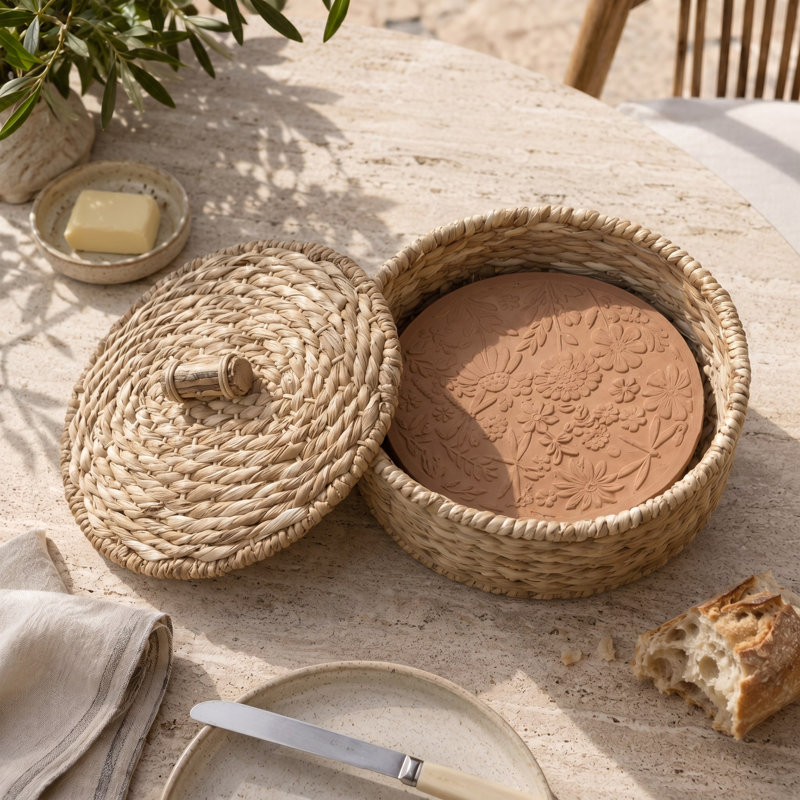 Panier à pain Eangee tissé à la main avec pierre chauffante en terre cuite, libellules et fleurs, rond, naturel, avec couvercle