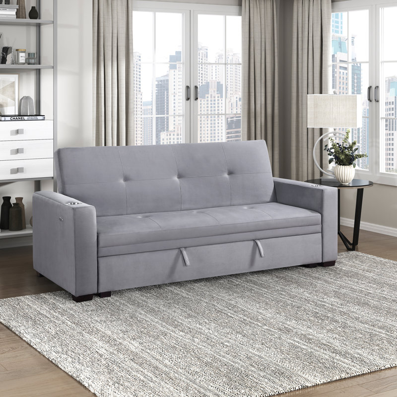 Artjom 83.5" Modern & Contemporary Convertible Sofa with Velvet Fabric Upholstery, Hidden Storage, Cup Holders and Charging Ports