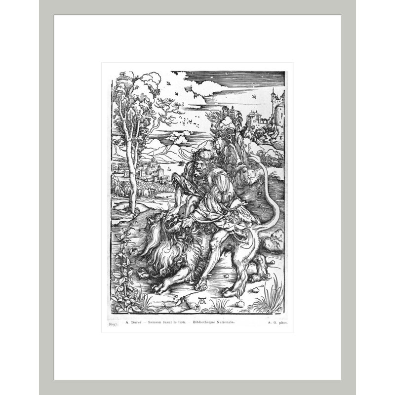 Samson tuant le lion par Albrecht Dürer, impression par estampe numérique encadrée, H 16,75 po x l 13,42 po
