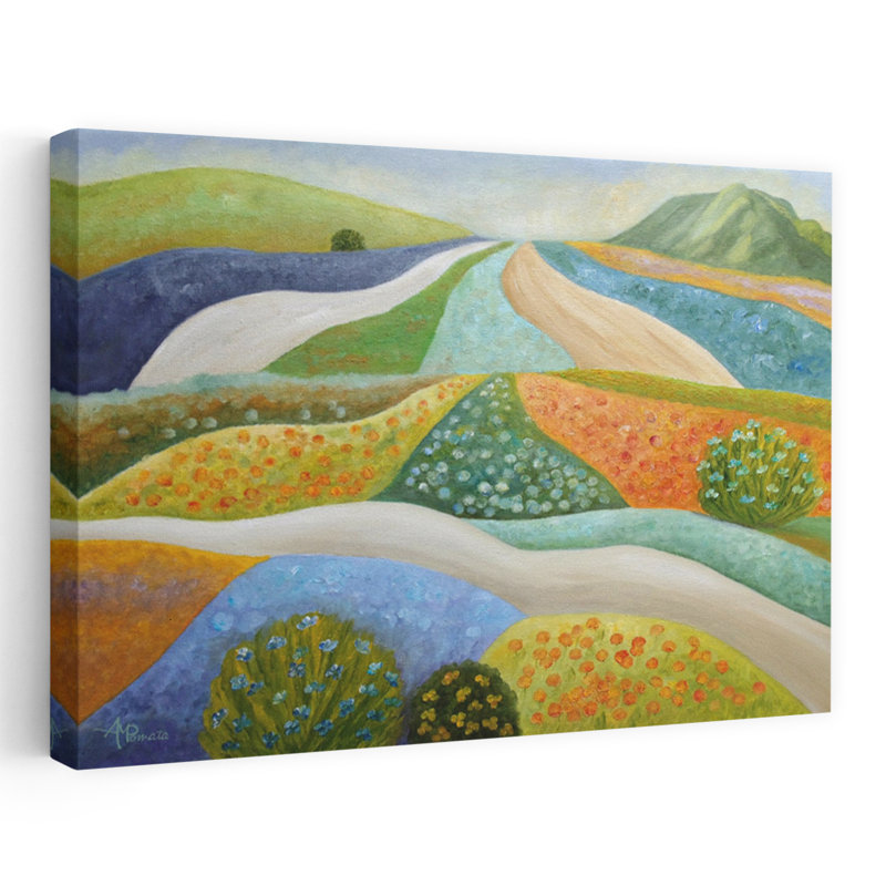 «Vibrant Flower Fields Abstract Colorful Rustic Landscape Mountain», art mural, H 24 po x l 36 po