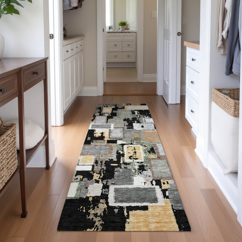 Premium Machine Washable Mayfield AMF2246 Geometric Rug, 2'3" x 7'6" Runner, Black