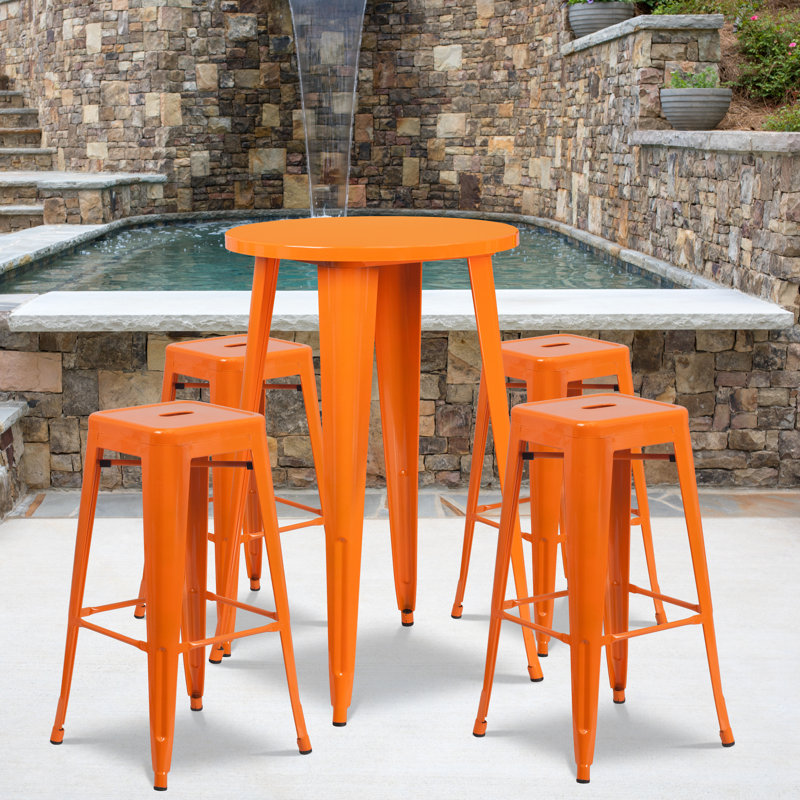 Colbert 30'' Round Metal Indoor-Outdoor Bar Table Set with 4 Square Seat Backless Stools, Orange, 41" H x 24" W x 24" L