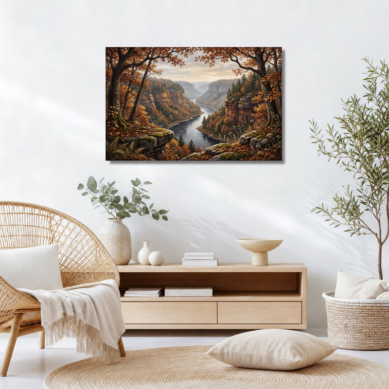 Tableau sur toile représentant la vallée de la rivière d'automne dans le canyon rocheux, 32"H x 48"W