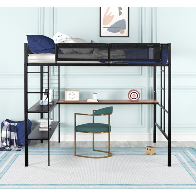 Lit mezzanine en métal robuste avec bureau intégré, tablettes à deux niveaux, panneau grillagé et garde-corps confortable pour une utilisation optimale de l'espace et du confort