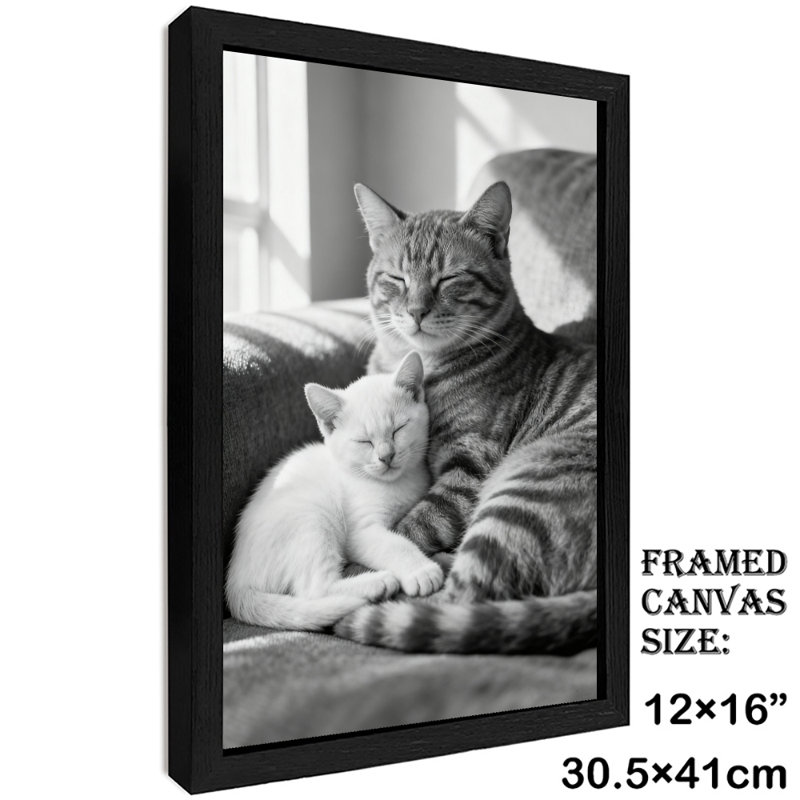 Reproduction d'art encadré noir avec chats rétro blottis ensemble dans une ambiance chaleureuse, H 17 po x l 13 po