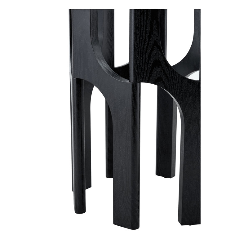 Table de salle à manger ronde en verre trempé avec base sculpturale en bois aggloméré noir pour 2 à 4 personnes