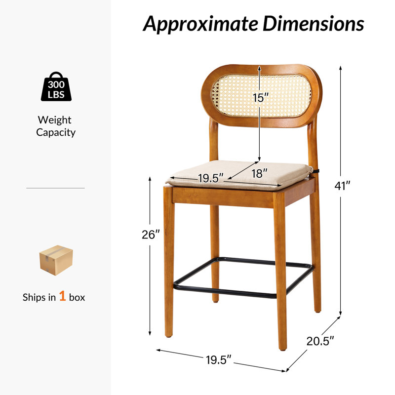 Tabouret de comptoir en bois massif Jacindo Coastal avec dossier en rotin et coussin rembourré amovible, Gland