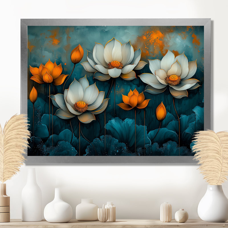 «Illana White Orange Radiant Lotus», art mural sur toile Lotus, H 24 po x l 32 po, Picture Framed, Argent argent