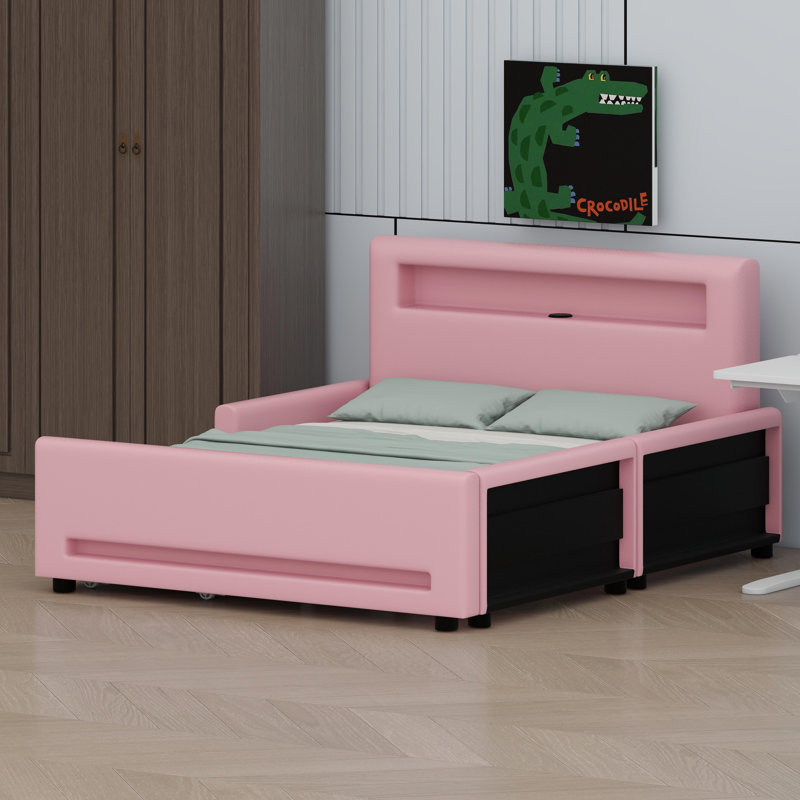 Lit plateforme moderne avec tiroir de rangement intégré et éclairage DEL, Rose