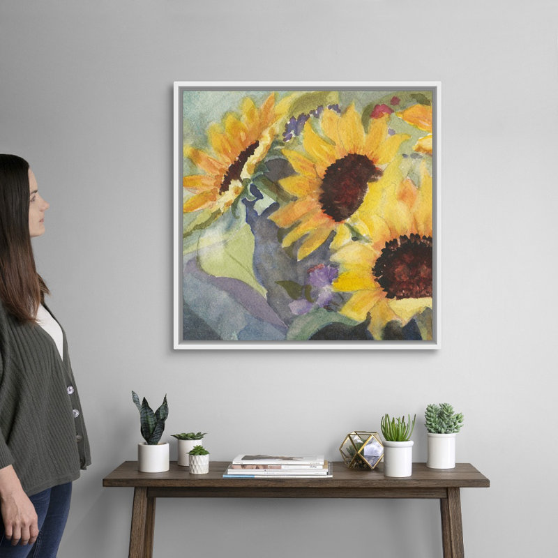 «Sunflowers In Watercolor I», art mural sur toile, Cadre blanc, H 30 po x l 30 po x P 1,75 po