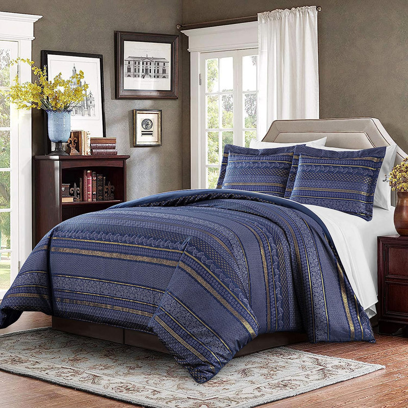 Blue Gold Floral Damask Jacquard Bed in a Bag Comforter Set with Sheets, Queen Comforter + 6 Additional Pieces