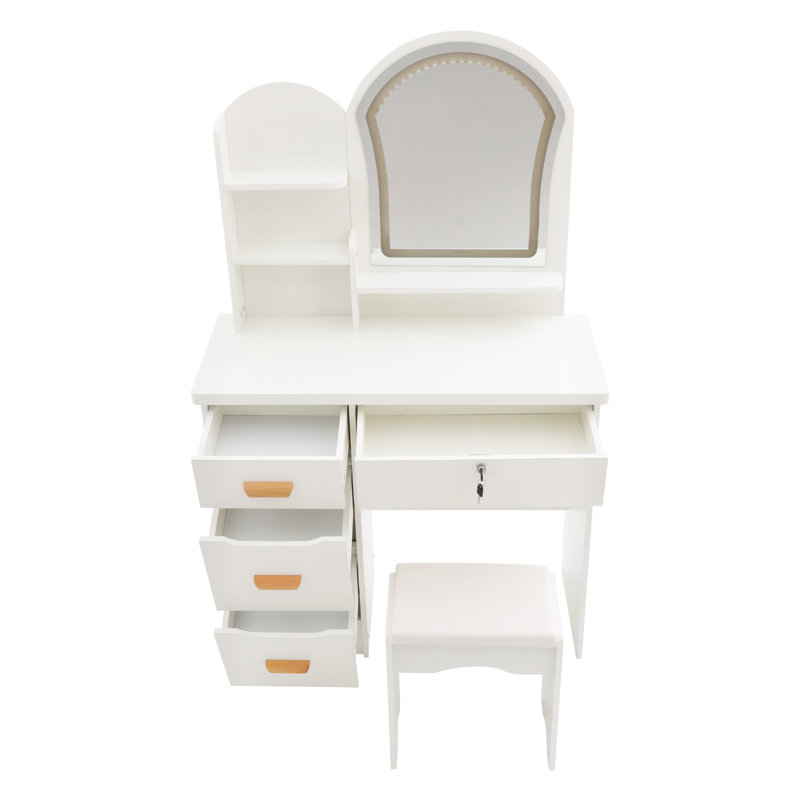 Coiffeuse compacte avec miroir et éclairage, tabouret, tiroirs et étagères ouvertes pour chambre à coucher