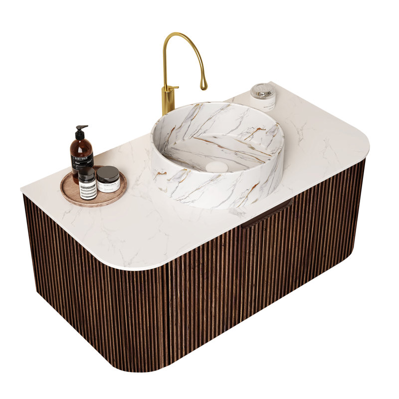 Ensemble de meuble-lavabo mural simple 36 po avec lavabo vasque en marbre, noyer foncé, Noyer foncé, 36"