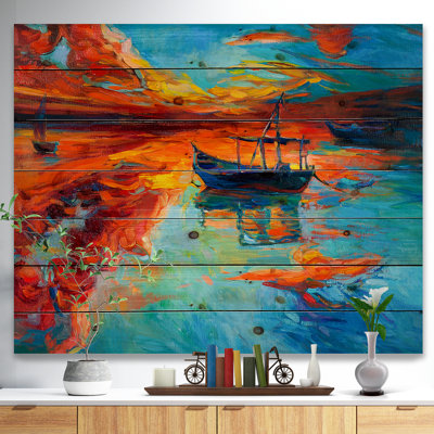 " Fishing Sailing Boat At Red Sunset "