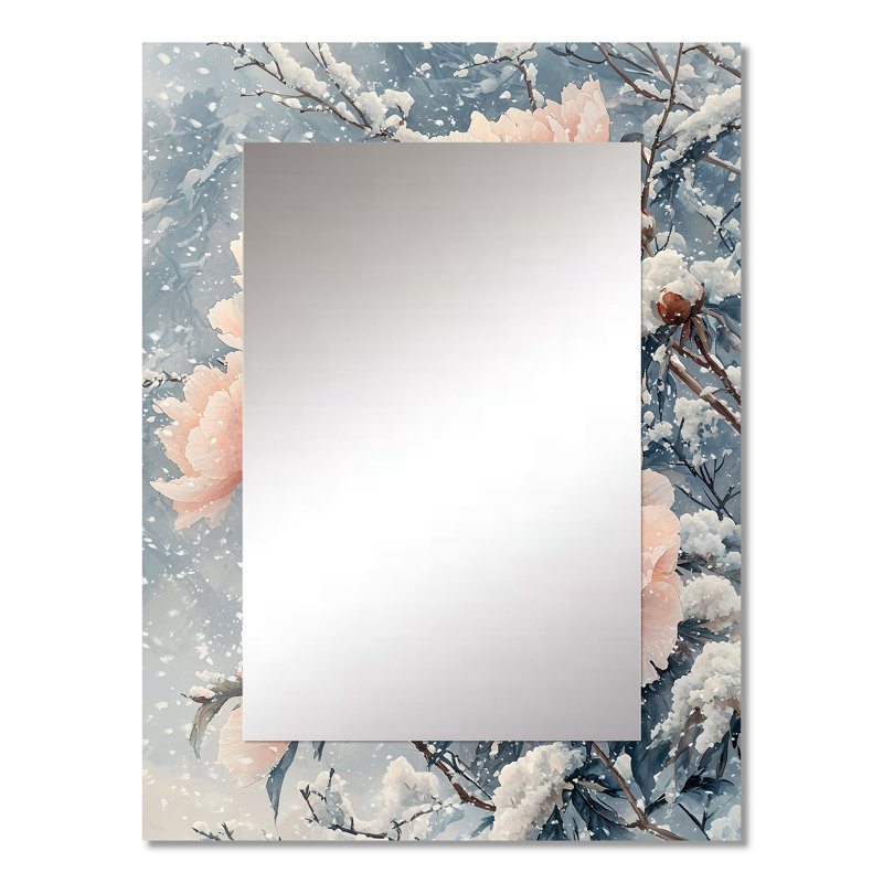 Pivoines au vent hivernal III - grand miroir mural pivoines, miroir traditionnel unique, impression sur métal, 32 po x 24 po