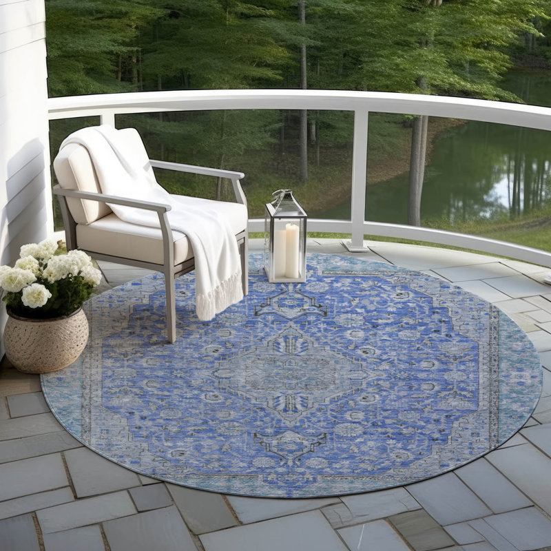 Tapis bleu intérieur / extérieur lavable à la machine Claudian ACN1651, Rond 8 pi