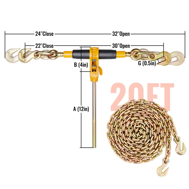 Ratchet Chain Binder, 5/16"-3/8" Heavy Duty Load Binders, with G80 Chains 7100 lbs Secure Load Limit