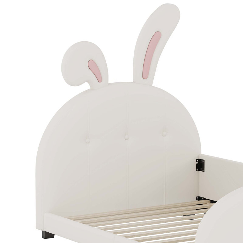 Lit simple tapissier princesse en forme de lapin, lit plateforme simple avec tête et pied de lit, Blanc