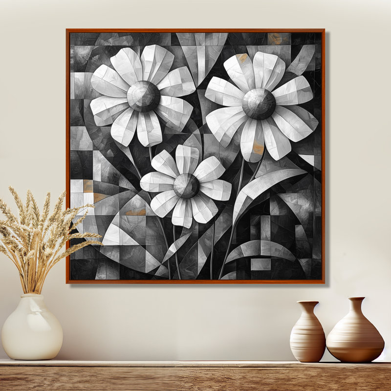 Fleurs délicates géométriques monochromes - Art mural fleurs sauvages, H 36 po x l 36 po, Impression encadrée flottante, Brun