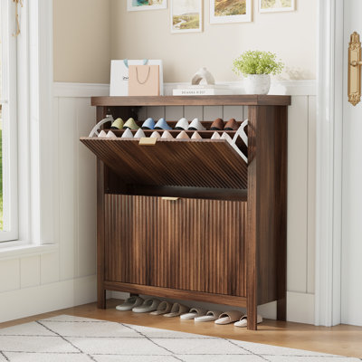 Meuble de rangement cannelé à chaussures pour entrée - 2 tiroirs rabattables, tablettes réglables, range-chaussures autoportant en bois pour le couloir ou le vestibule