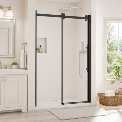 Porte de douche coulissante sans cadre, en verre trempé transparent de 6 mm d'épaisseur, avec système de rail à roulettes en zinc et poignée en acier inoxydable.