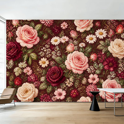 Papier peint adhésif à motifs floraux roses et marguerites, style vintage foncé, 175 cm (H) x 244 cm (L), amovible, en PVC, pour chambre, salon ou bureau.