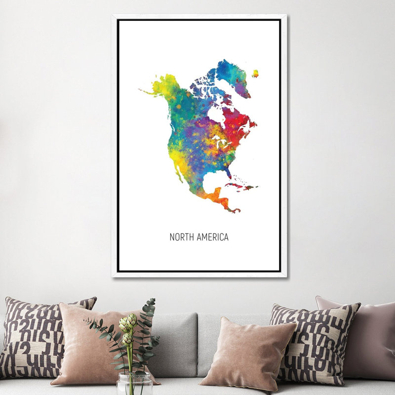 North America Map by Michael Tompsett - Print on Canvas, 152.4cm H x 101.6cm W x 3.81cm D, White Floater Framed