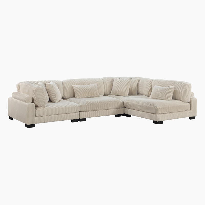 Brinsley 135" Modern Modular Sectional in Corduroy with Reversible Cushions & 6 Pillows, Beige Corduroy