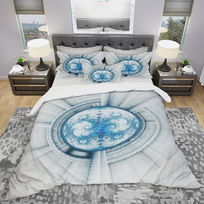 Glow Soft Blue Fractal Flower - Ensemble de housse de couette abstrait - Polyester microfibre
