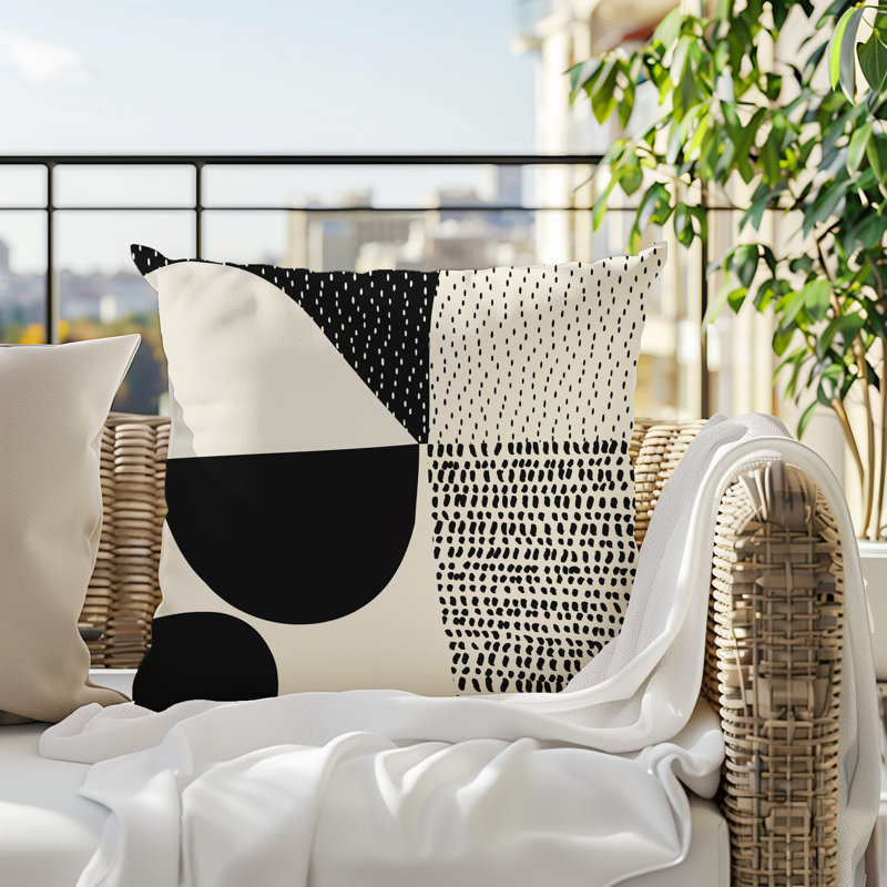 Coussin carré intérieur / extérieur pia, H 15 po x l 15 po, Blanc cassé / noir