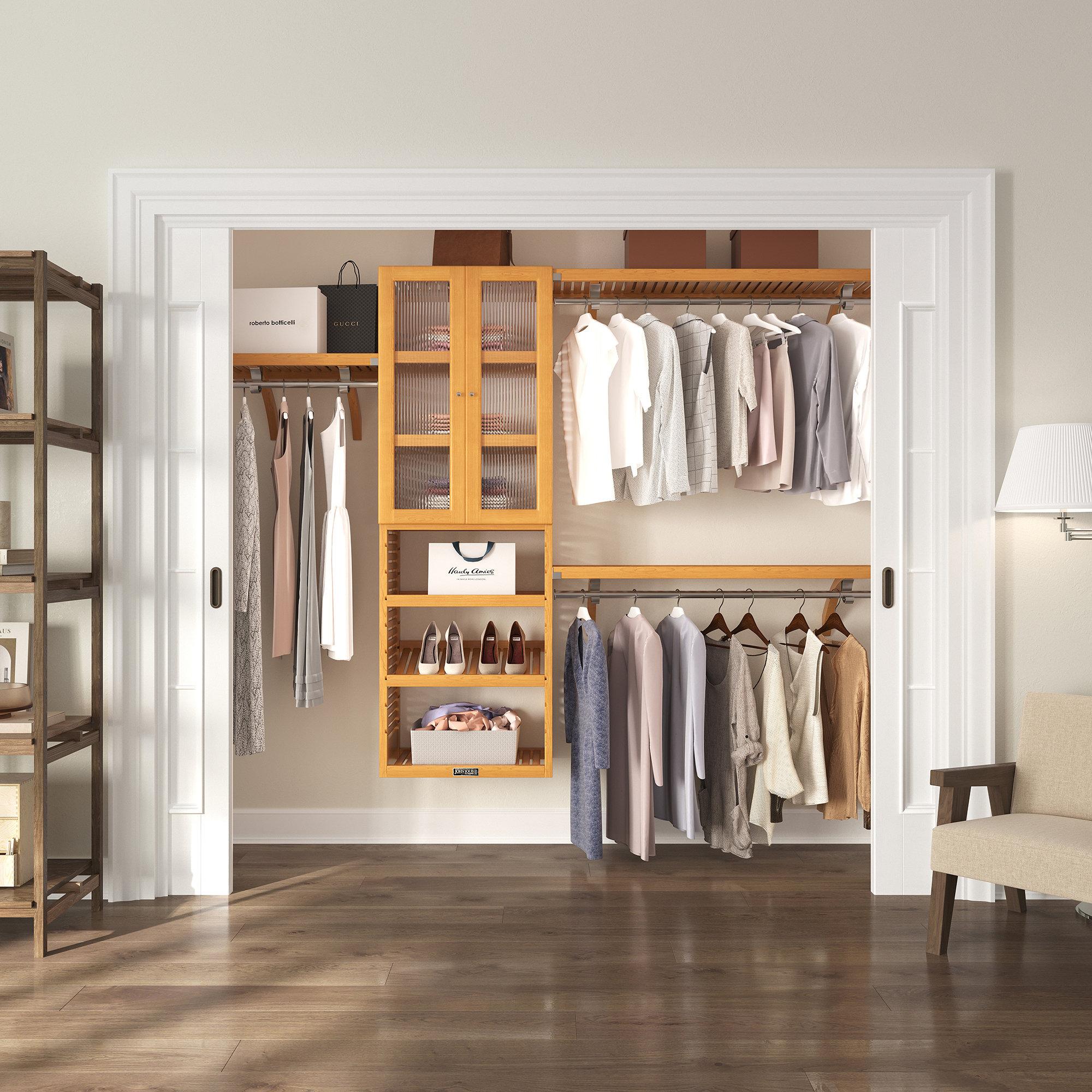 John Louis Home Solid Wood Walk-In Closet System with Glass Doors Honey