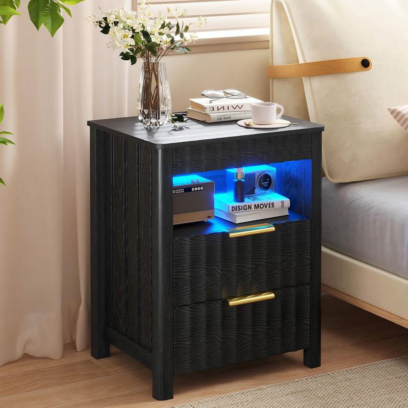 17.7'' W 2-Drawer Nightstand with LED Light and Charging Station, Black Willow